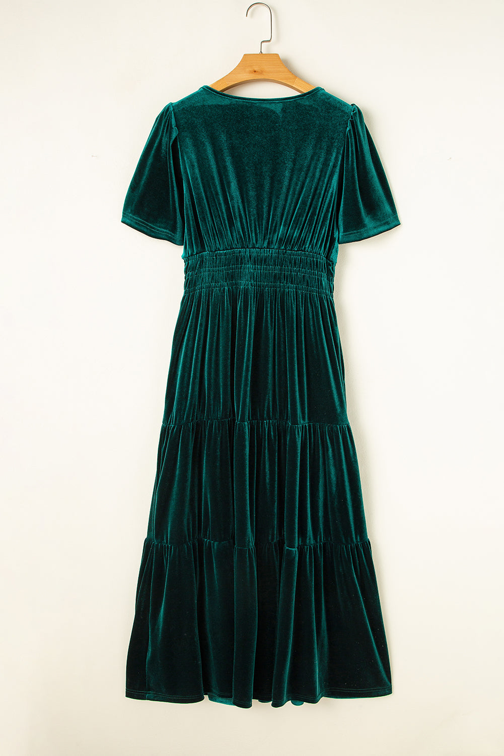 Robe longue en velours a manches courtes et taille froncée a plusieurs niveaux