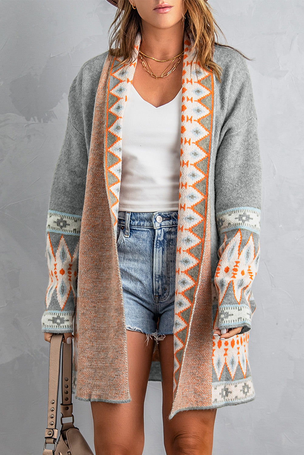 Cardigan tricoté ouvert sur le devant à imprimé aztèque