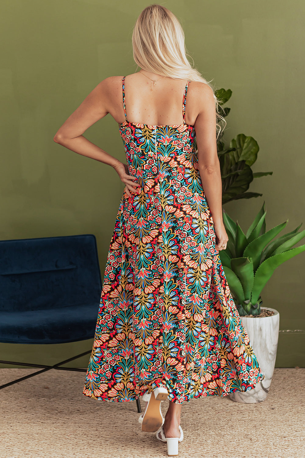 Robe longue bohème à imprimé floral et fines bretelles, sans manches, taille haute
