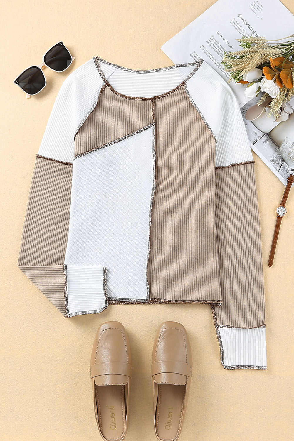 Haut en tricot cotelé à bordure et coutures irrégulières en bloc de couleur