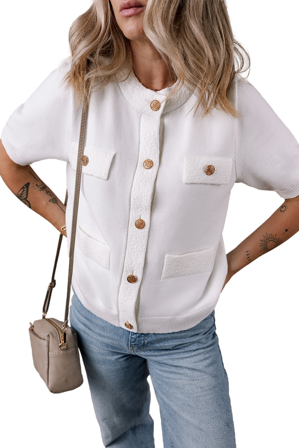 T-shirt pull texturé a boutons dorés
