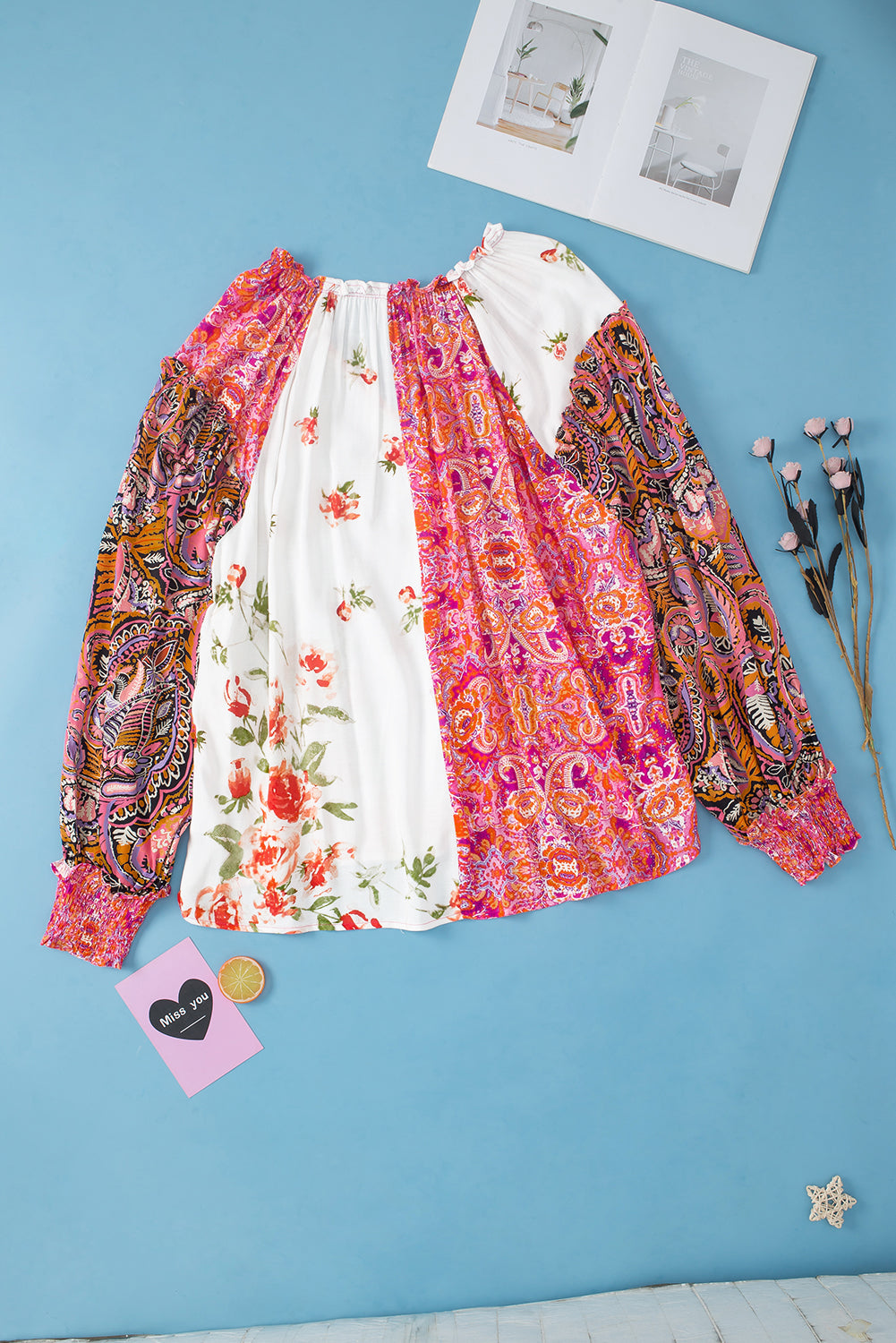 Blouse boutonnée à poignets froncés et patchwork floral multicolore