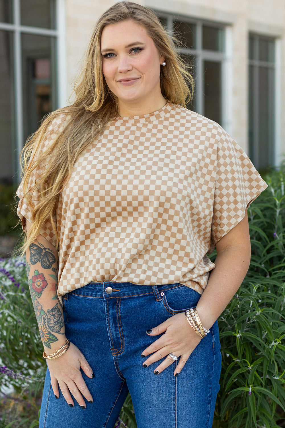 T-shirt a manches courtes et chauve-souris en damier, col rond, grande taille