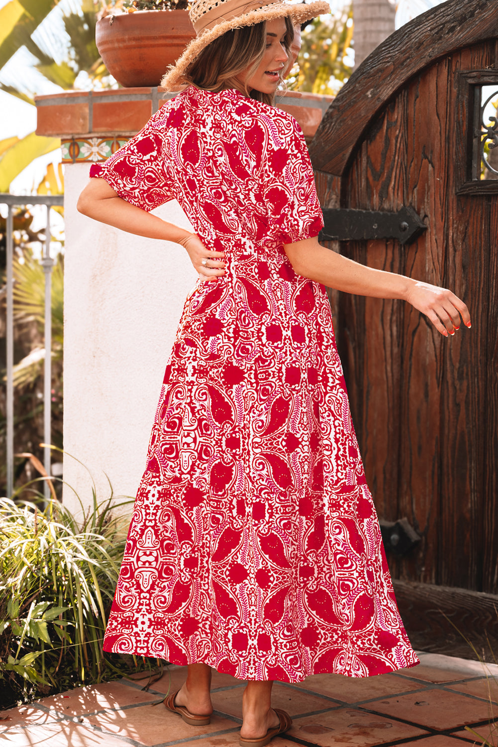 Robe longue taille haute à imprimé cachemire, fente latérale, manches bouffantes
