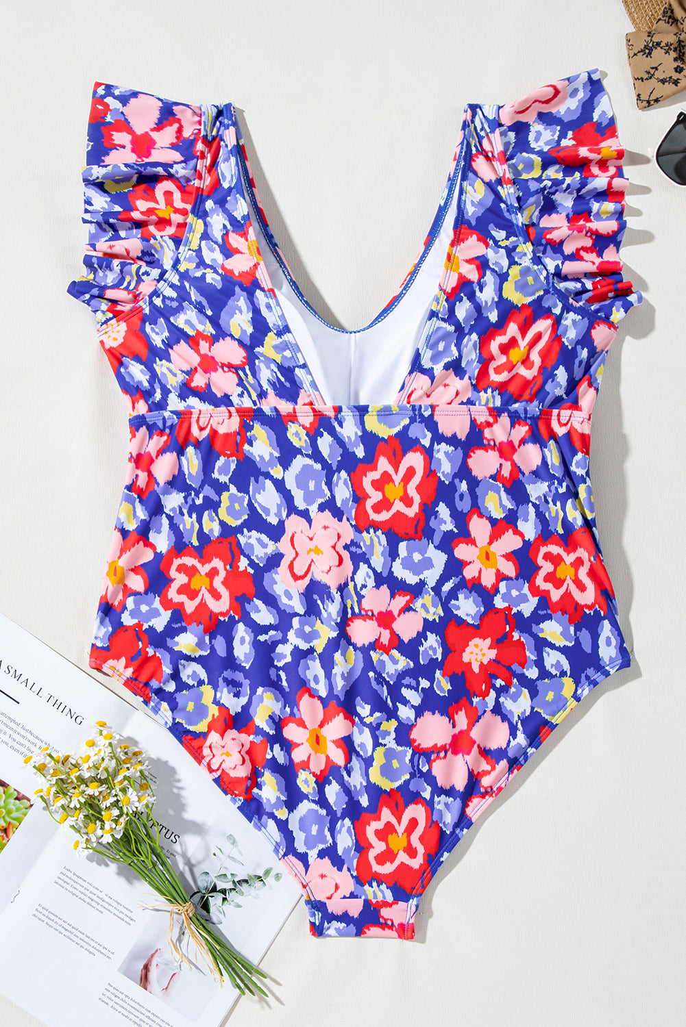 Maillot de bain une pièce taille haute à volants et col en V à imprimé floral