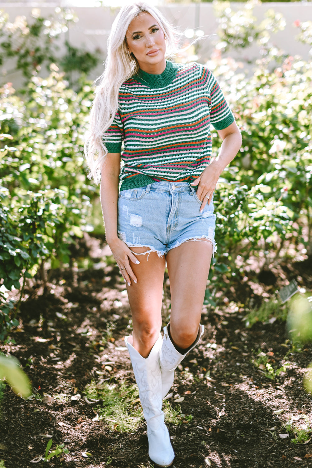 T-shirt en tricot pointelle a motif rayé et bordure contrastée