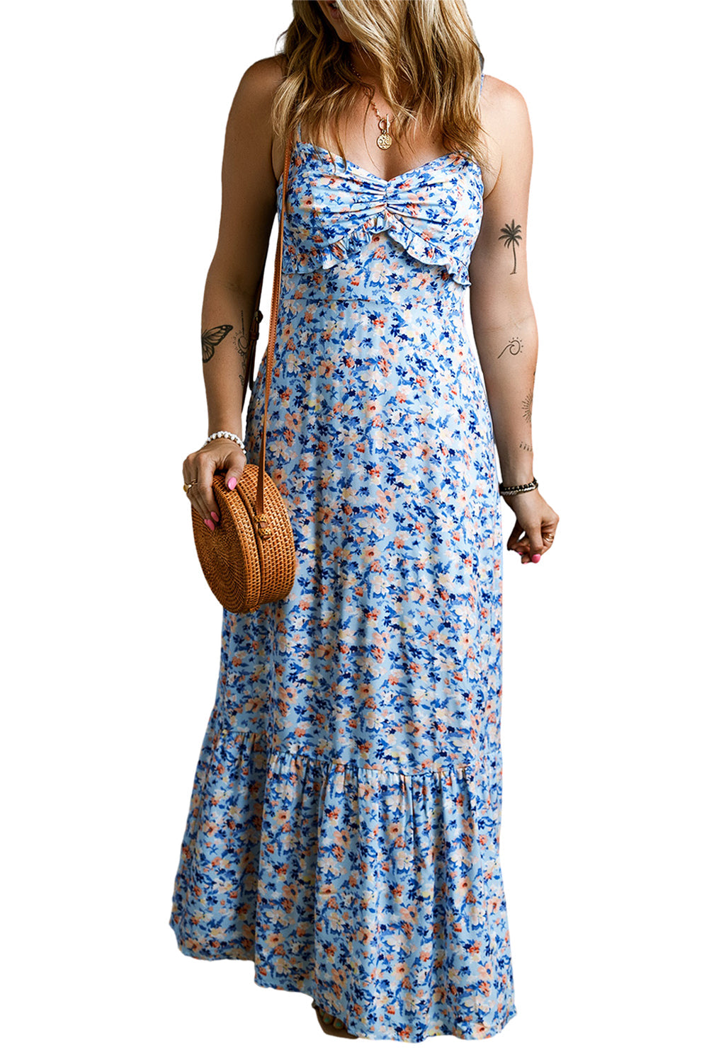 Robe longue froncée à volants et imprimé floral