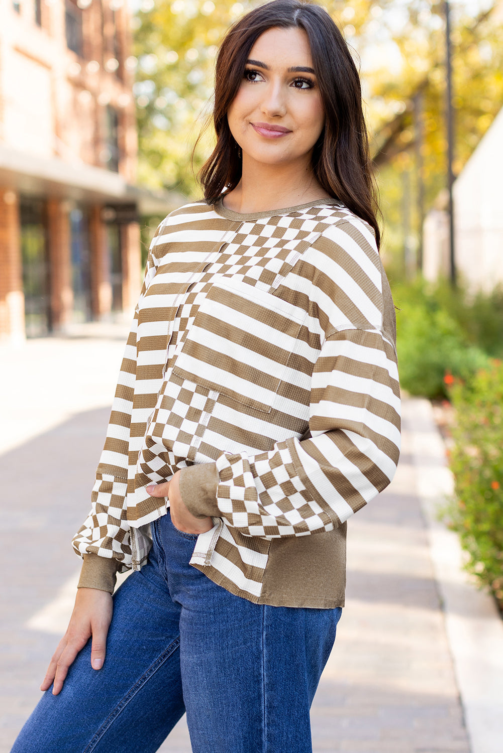 Blouse a poches et manches lanternes en patchwork rayé en damier