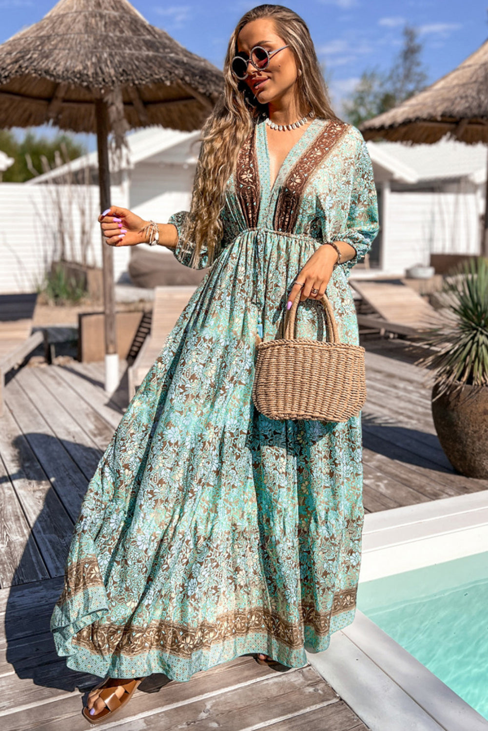 Robe longue bohème à imprimé floral, dos nu, taille haute et lacets