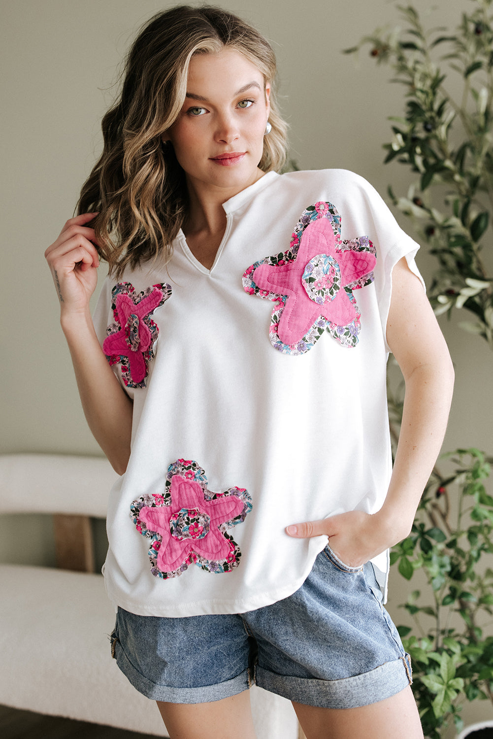 Haut à manches dolman et col en V cranté avec appliques florales