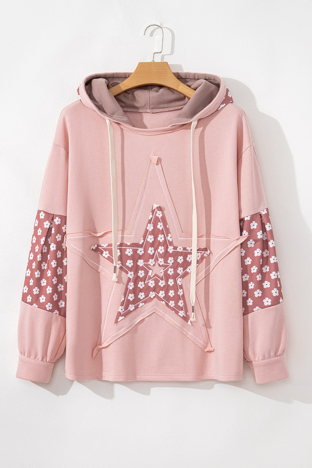 Sweat a Capuche a Cordon de Couleur Floral Graphique a Patch Étoile de Grande Taille