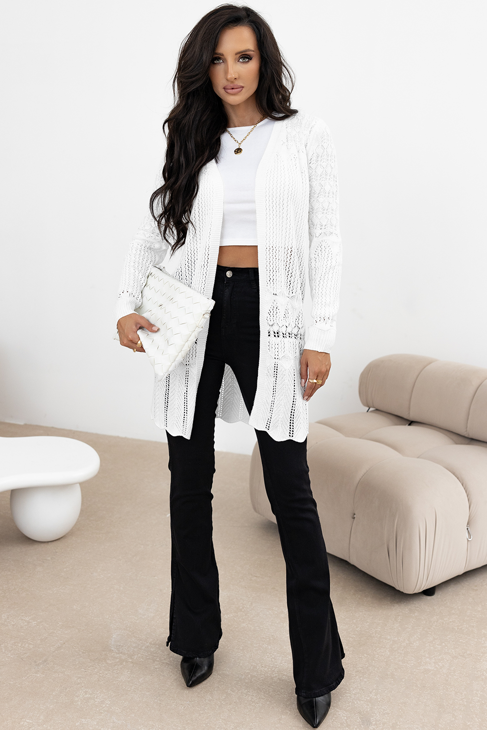 Cardigan ouvert sur le devant ajouré au crochet