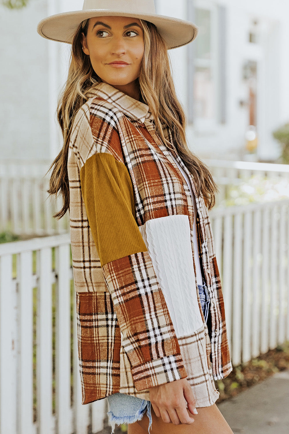 Veste chemise patchwork à carreaux orange avec poche et blocs de couleurs