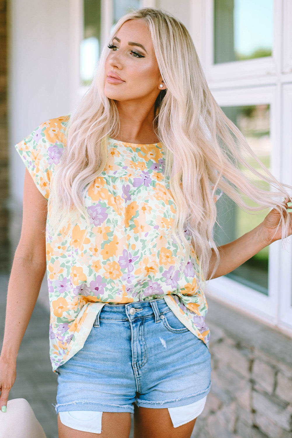 Chemisier babydoll à manches courtes et imprimé floral au dos