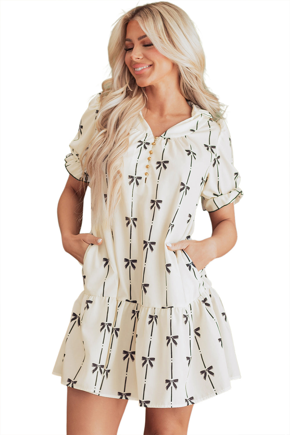 Mini-robe mignonne a col en V et manches bulles imprimées avec nœud papillon