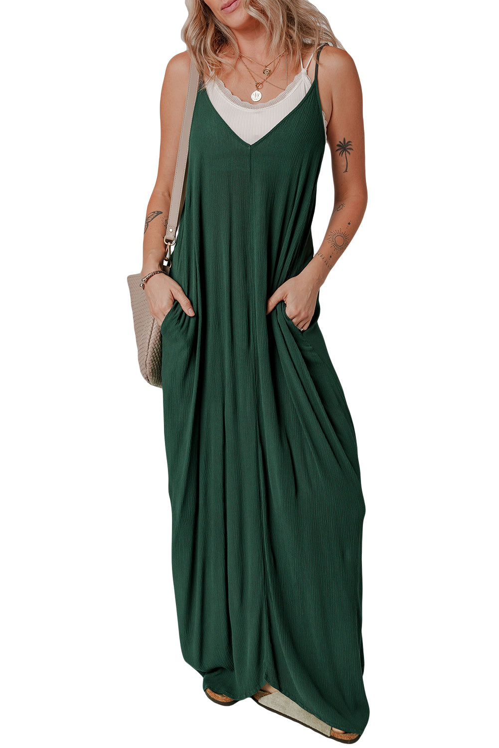 Robe longue ample à bretelles spaghetti et poches