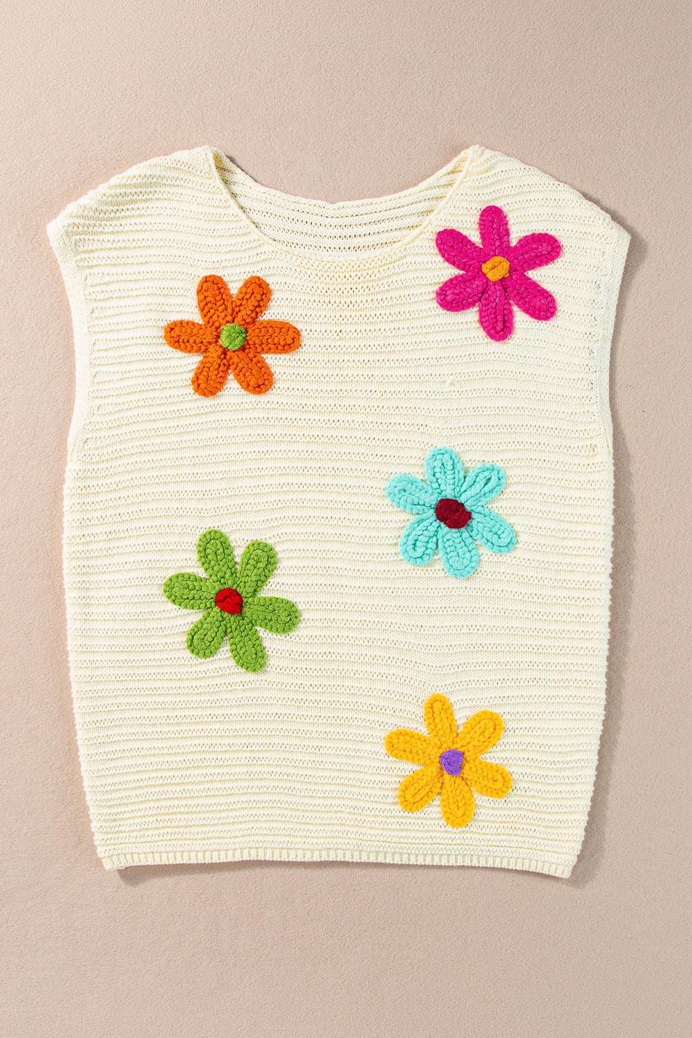 Haut tricoté a col rond en crochet fleuri
