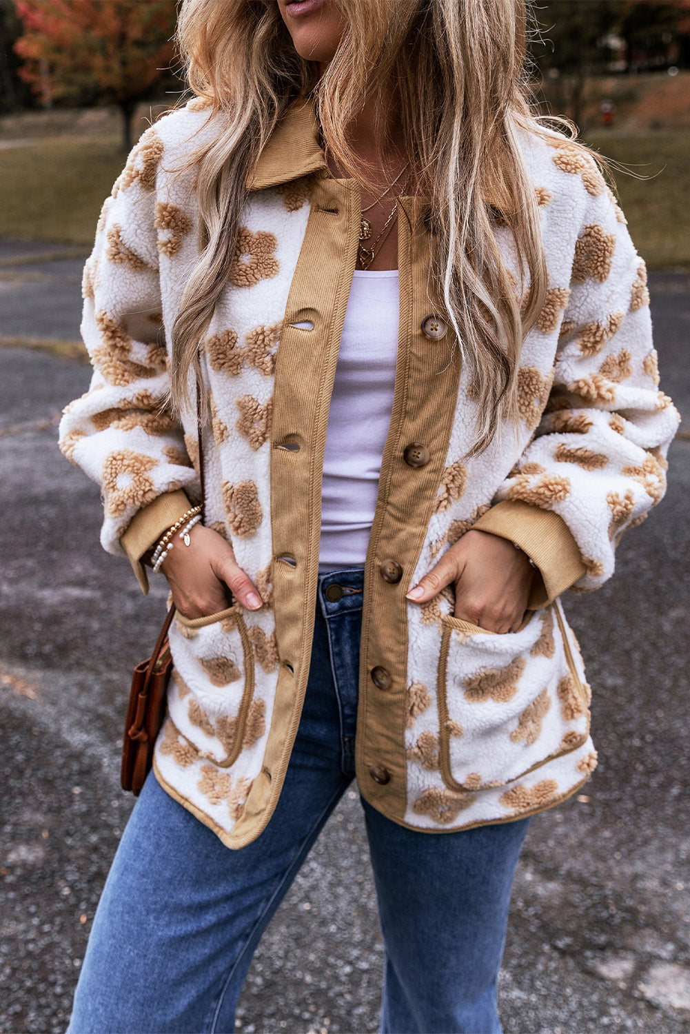 Veste polaire boutonnée a motif de fleurs mignonnes