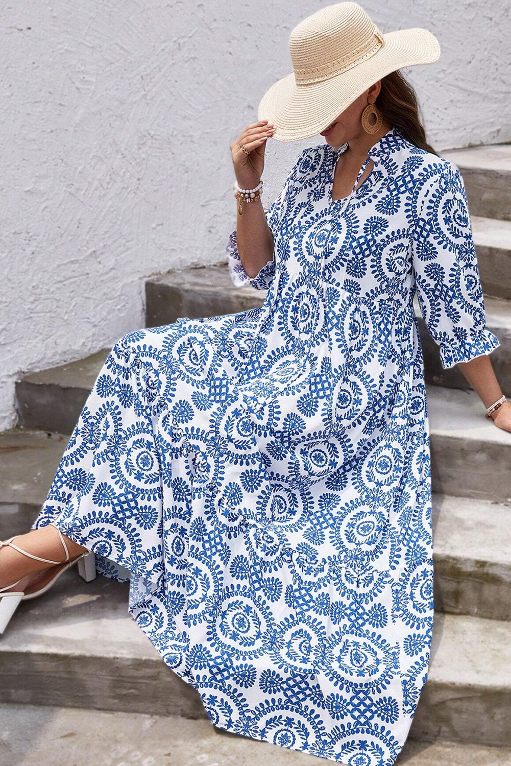Robe longue a lacets et imprimé géométrique, col cranté, grande taille