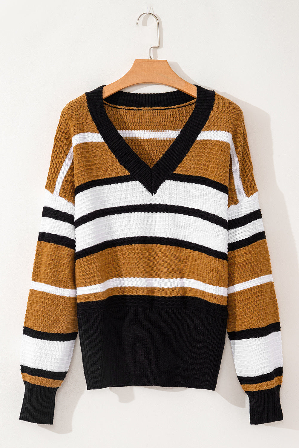 Pull en tricot texturé à rayures contrastées et col en V