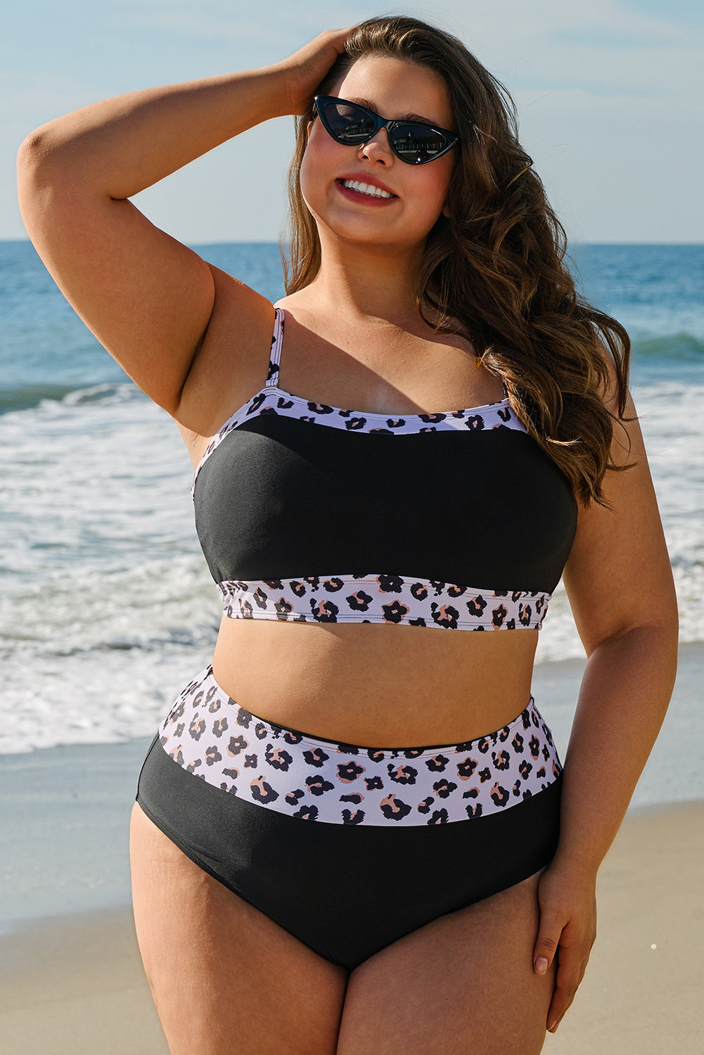 Maillot de bain 2 pièces taille haute patchwork léopard grande taille
