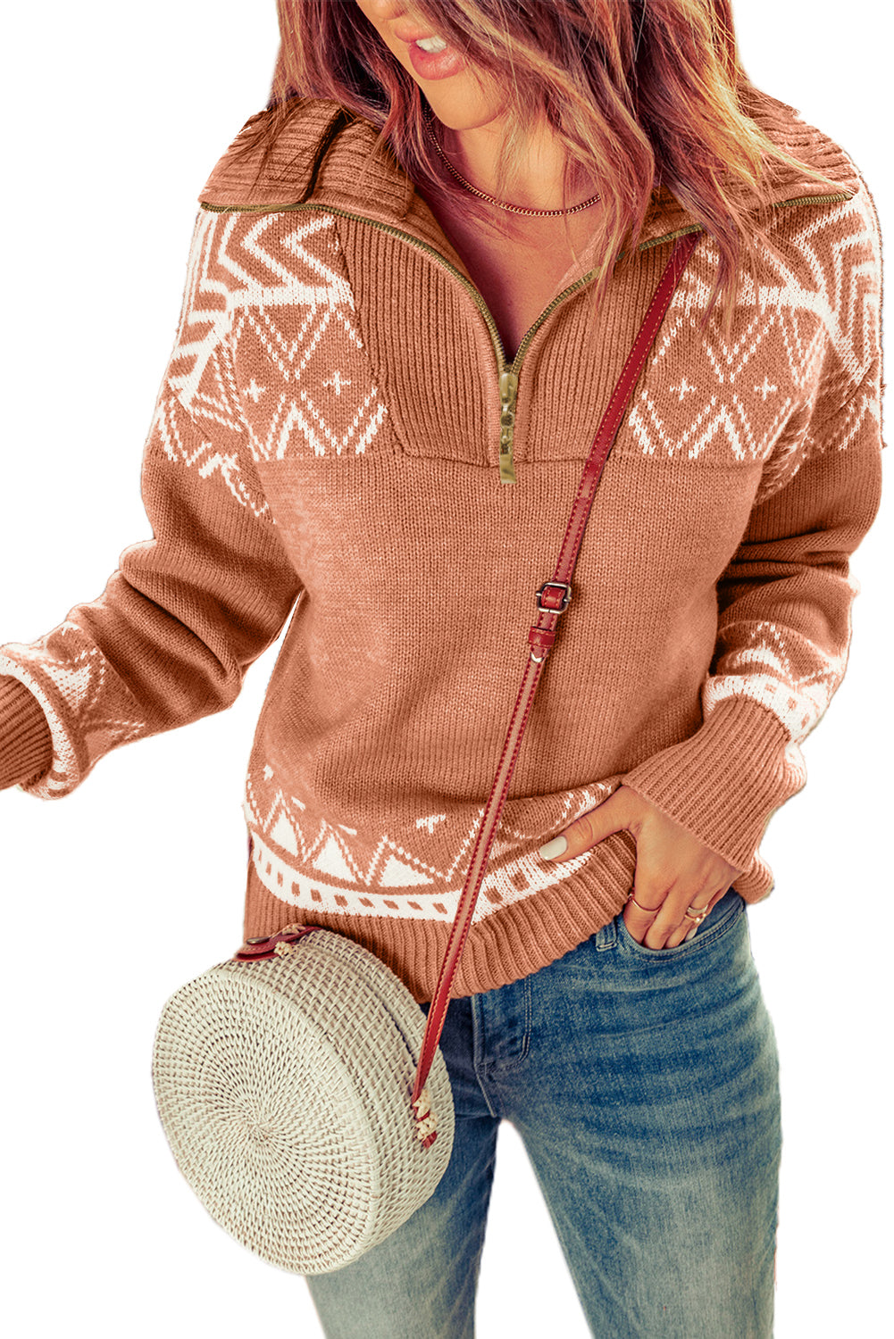 Pull zippé en tricot géométrique
