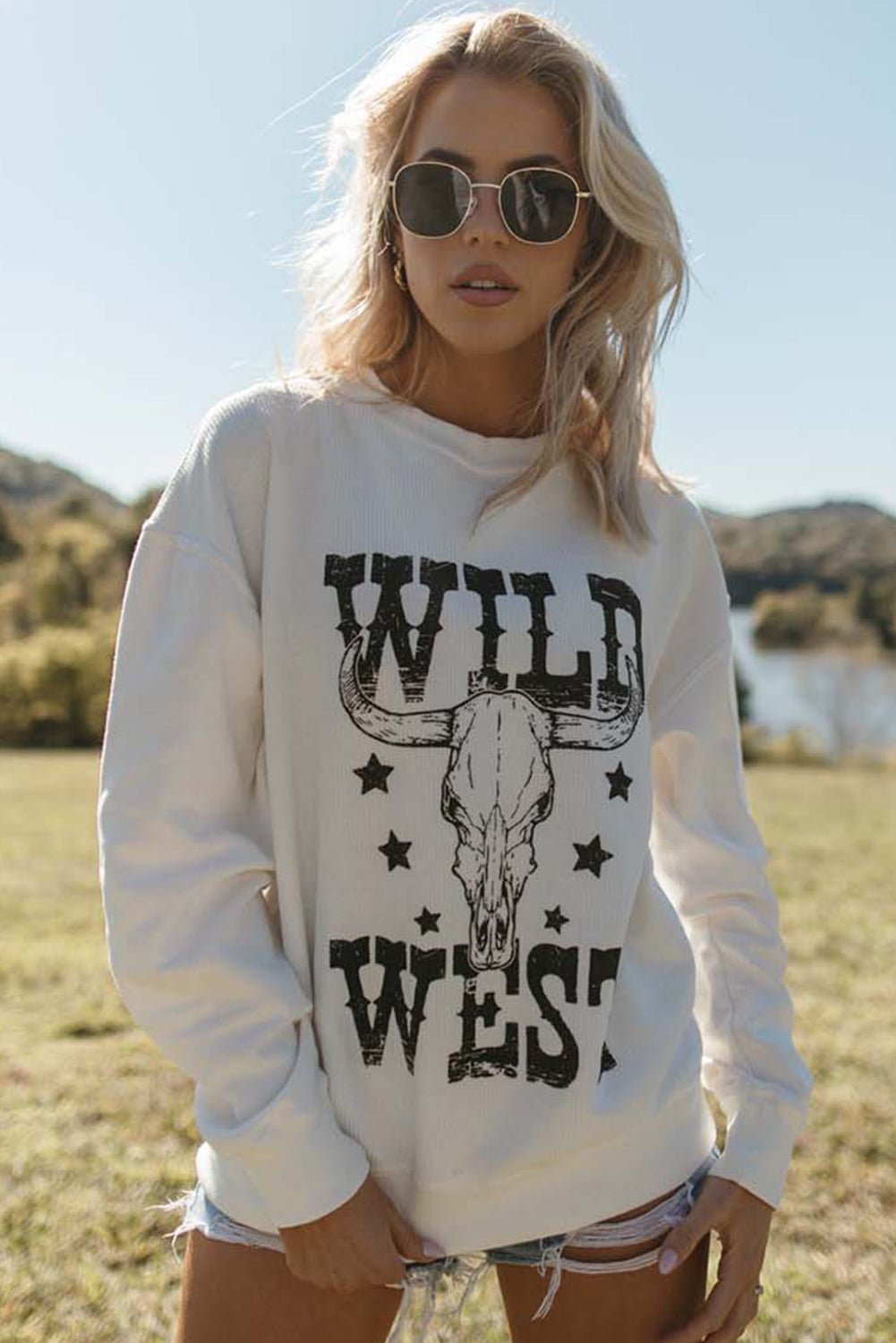 Sweat-shirt côtelé graphique WILD WEST Steer Skull