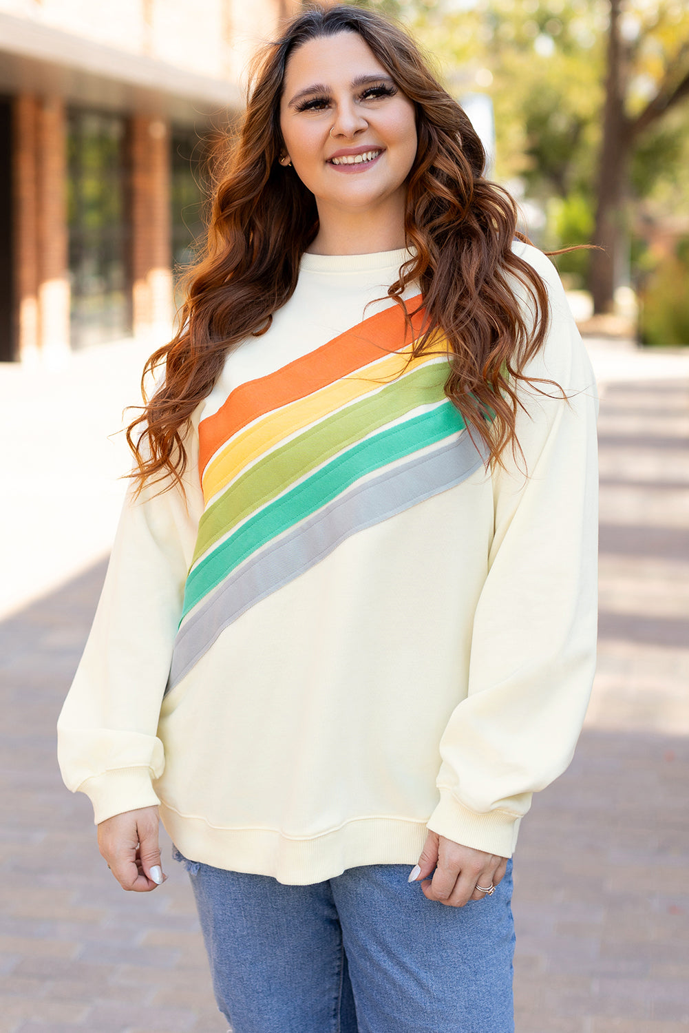 Sweat-shirt arc-en-ciel a manches raglan et col rond, grande taille