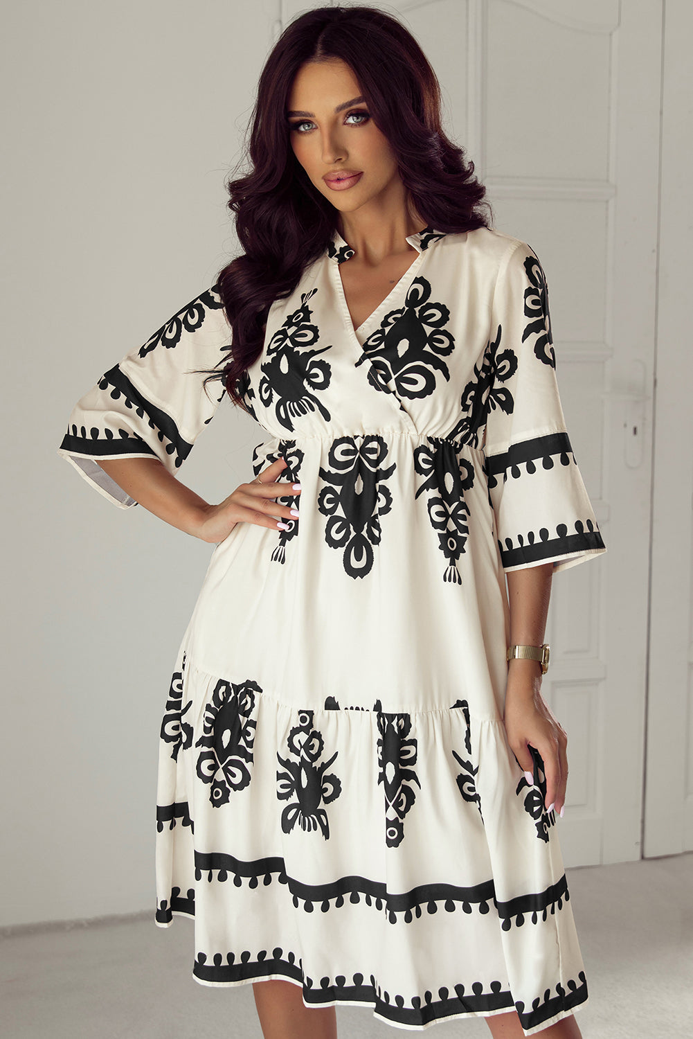 Robe midi ample a manches 3/4 et imprimé géométrique occidental