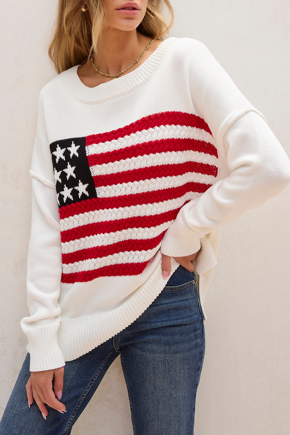 Pull à épaules tombantes en tricot torsadé drapeau américain