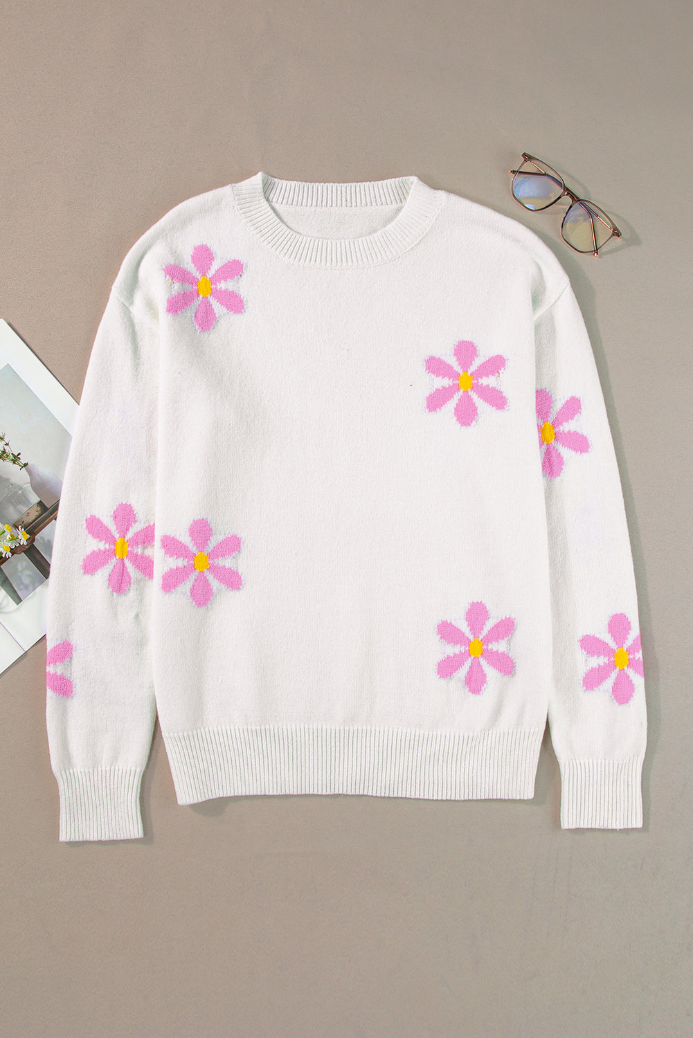 Pull élégant à bord côtelé à motif floral