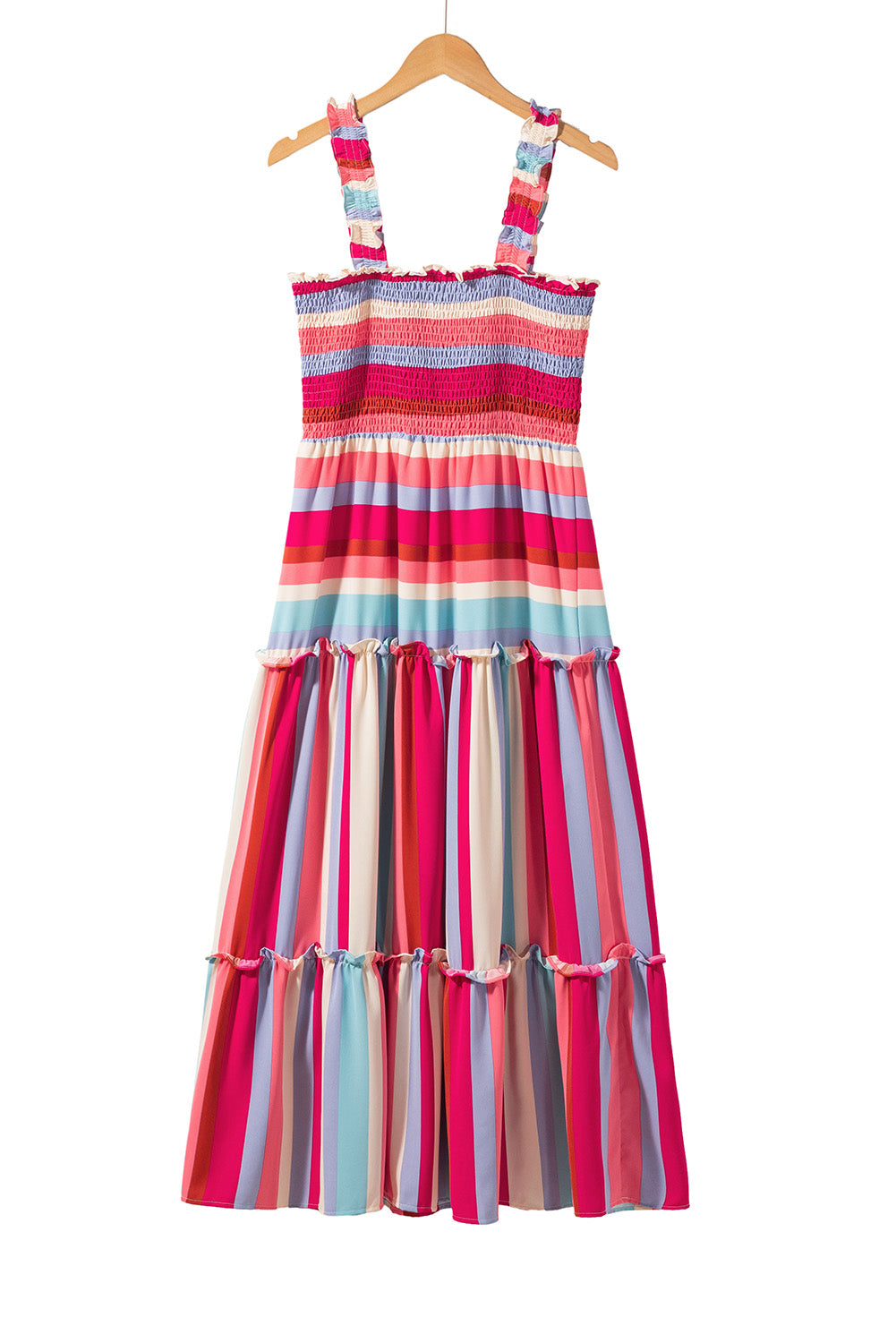 Robe longue smockée à volants et bretelles