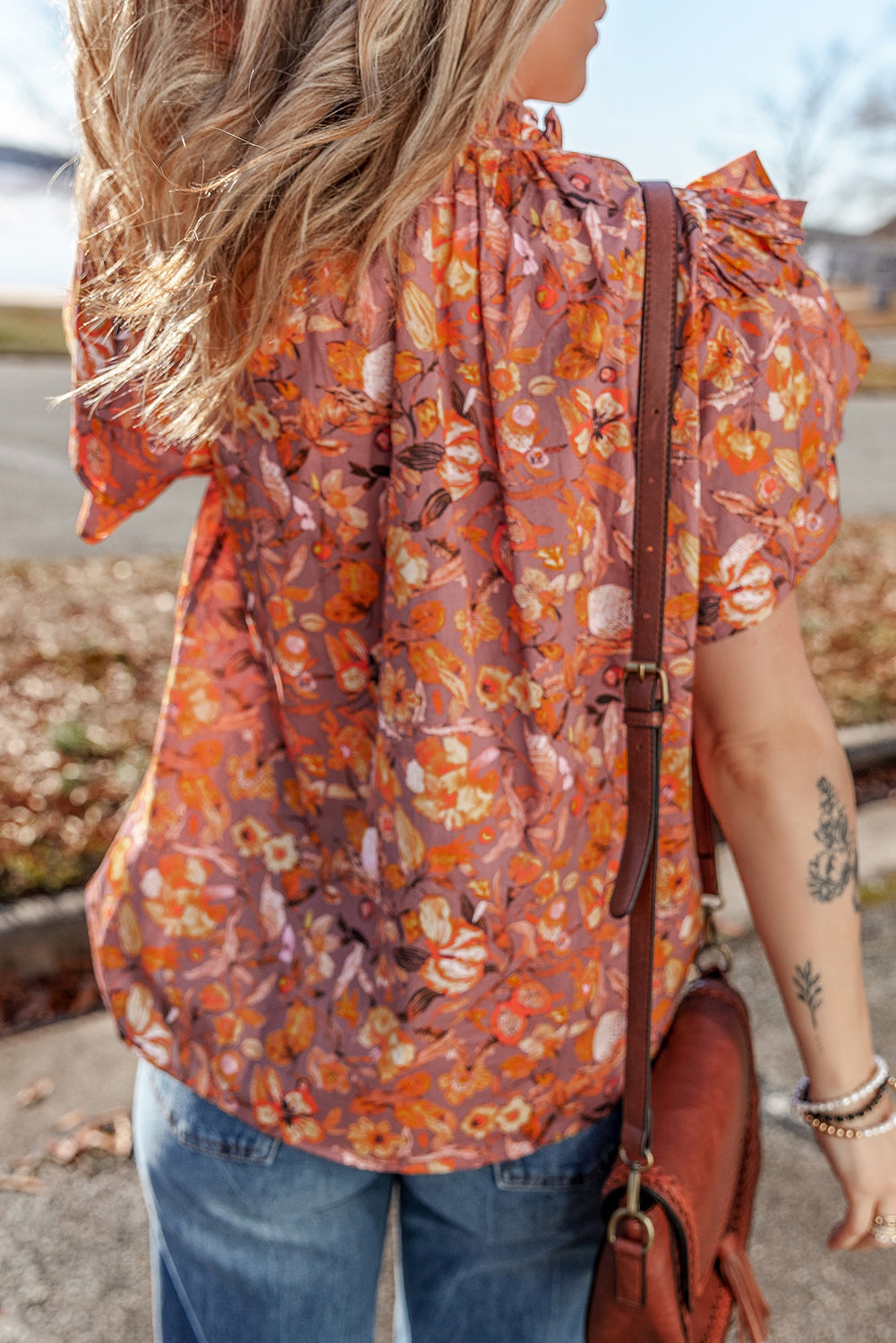 Blouse a col en V a volants et manches flottantes a imprimé floral