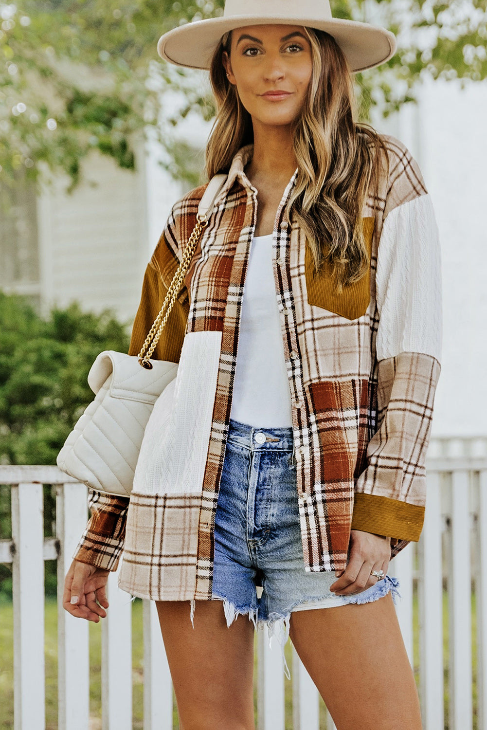 Veste chemise patchwork à carreaux orange avec poche et blocs de couleurs