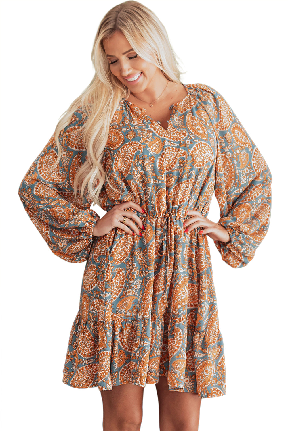 Mini-robe taille haute a imprimé cachemire, coupe ample, cordon de serrage