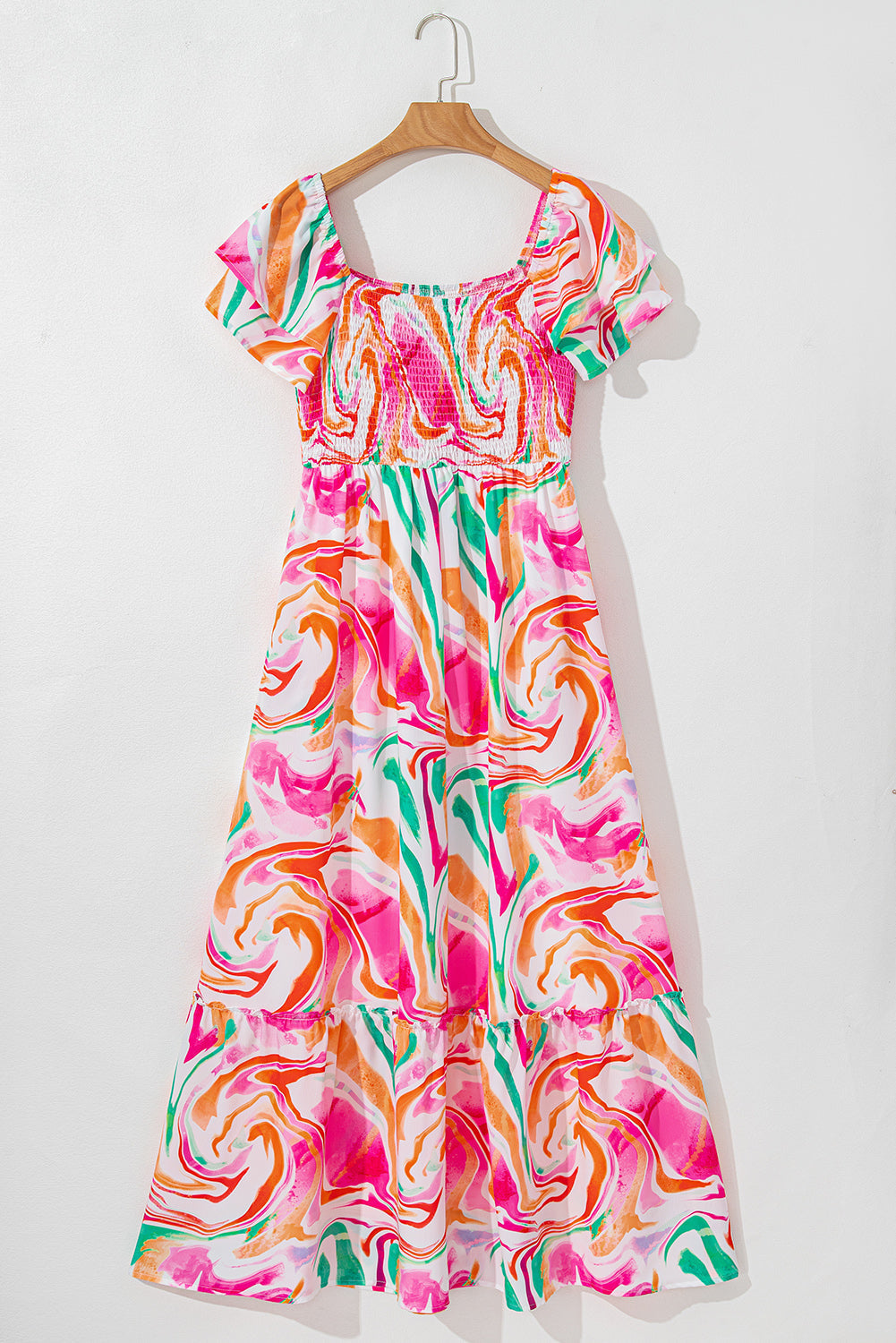 Robe longue à imprimé abstrait, manches à volants et buste froncé