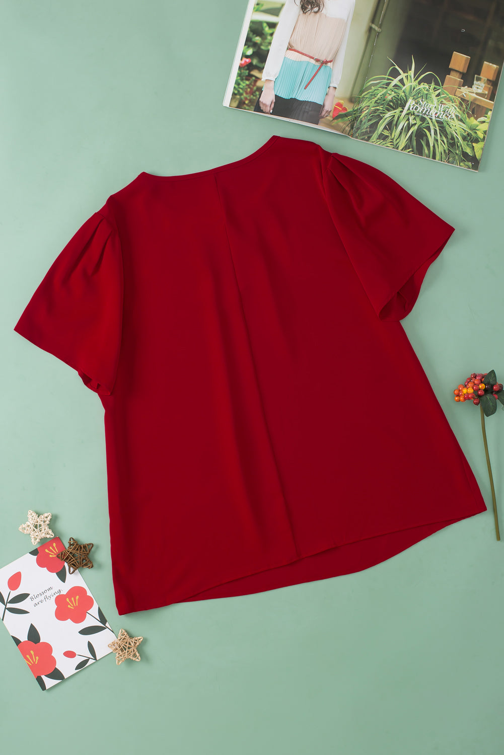 T-shirt Plissé à Col Rond Grande Taille