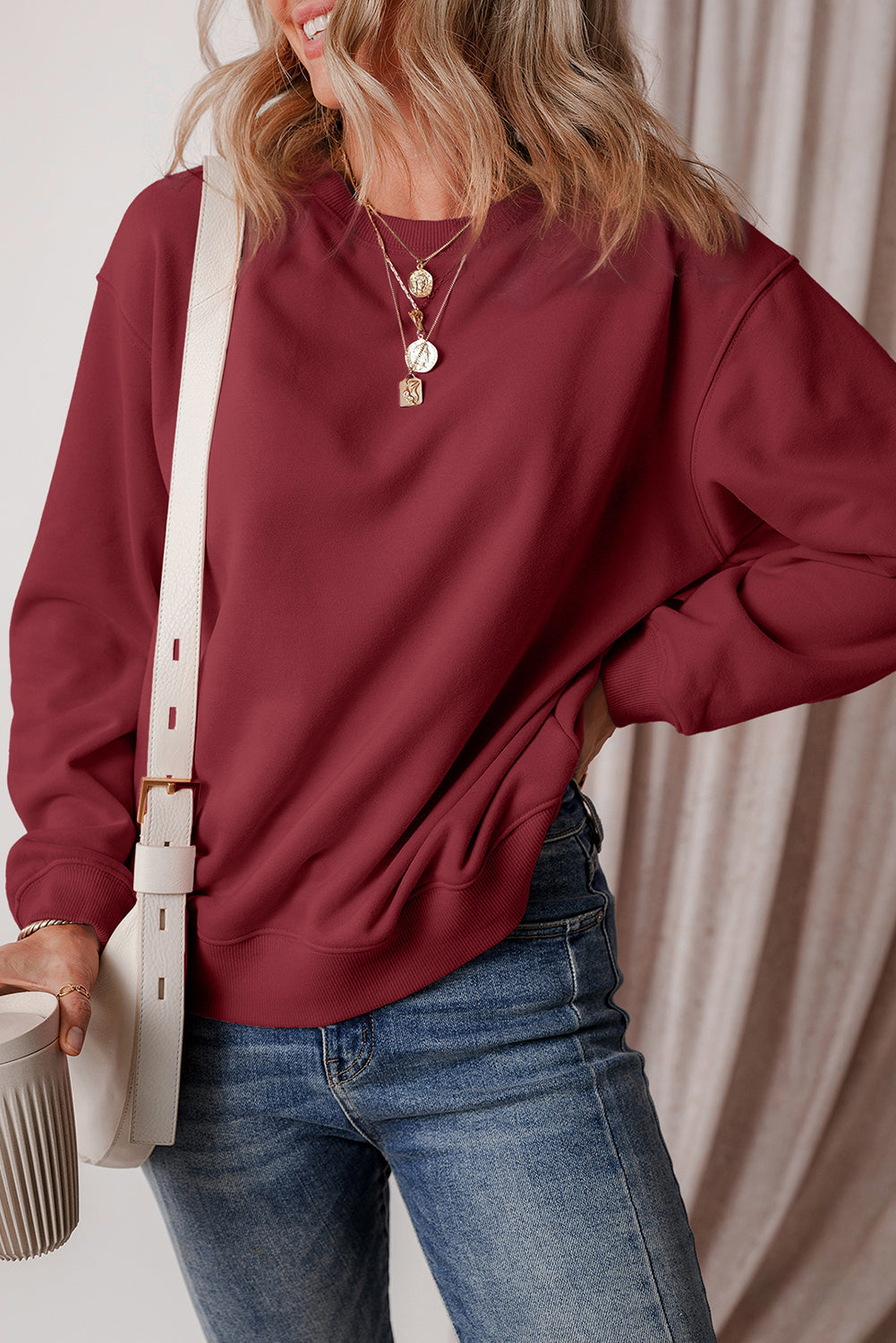 Sweat-shirt en tissu éponge à épaules tombantes doublé de polaire uni