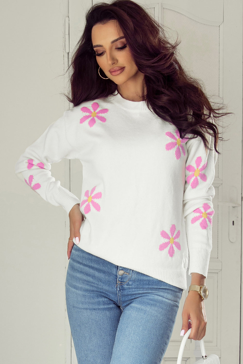 Pull élégant à bord côtelé à motif floral