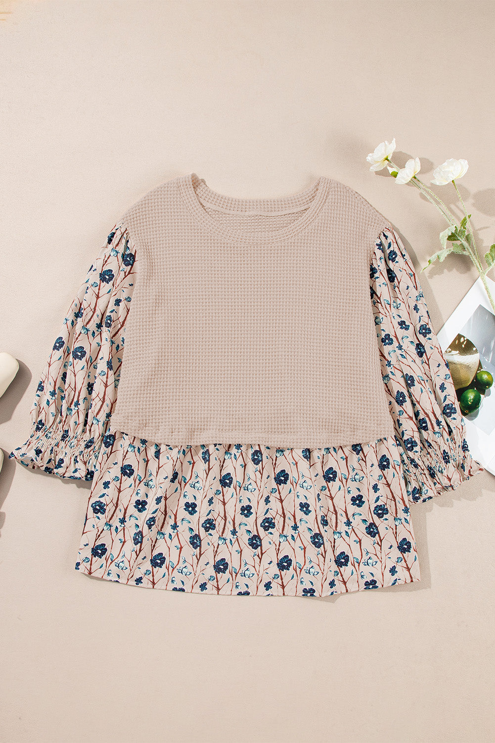 Haut de Grande Taille en Faux Deux Pièces en Maille Patchwork a Imprimé Floral