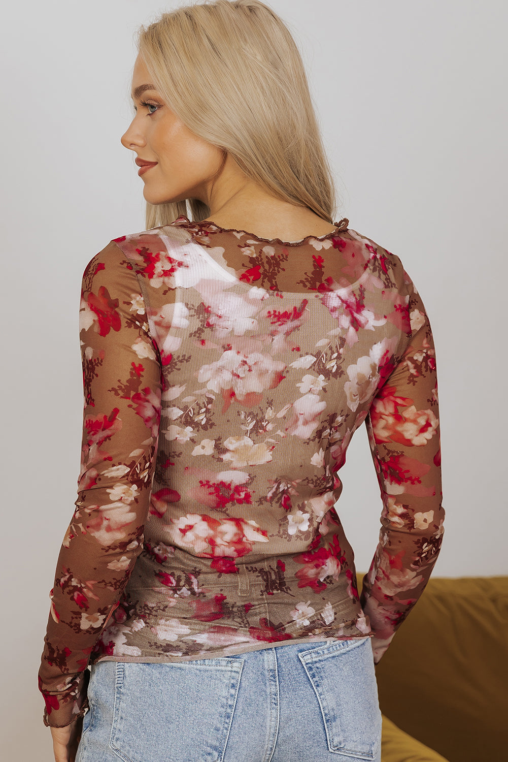 Haut a manches longues en maille transparente a imprimé floral
