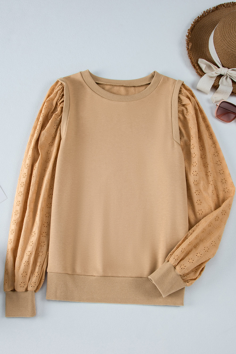 Sweat-shirt uni à manches patchwork et col rond