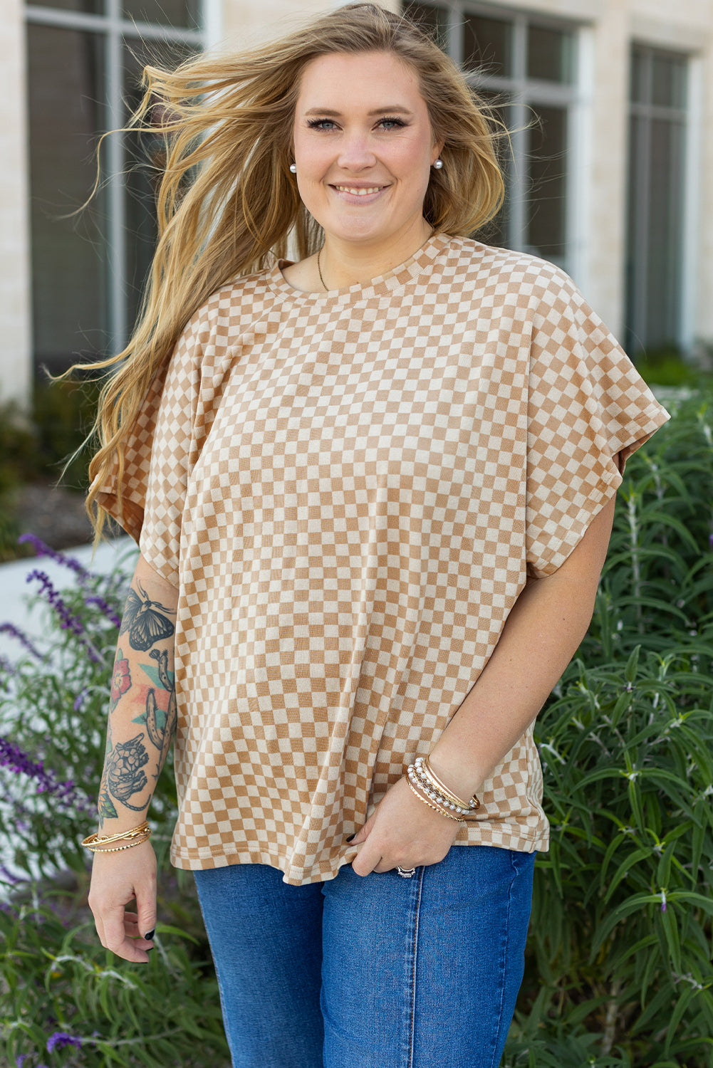 T-shirt a manches courtes et chauve-souris en damier, col rond, grande taille
