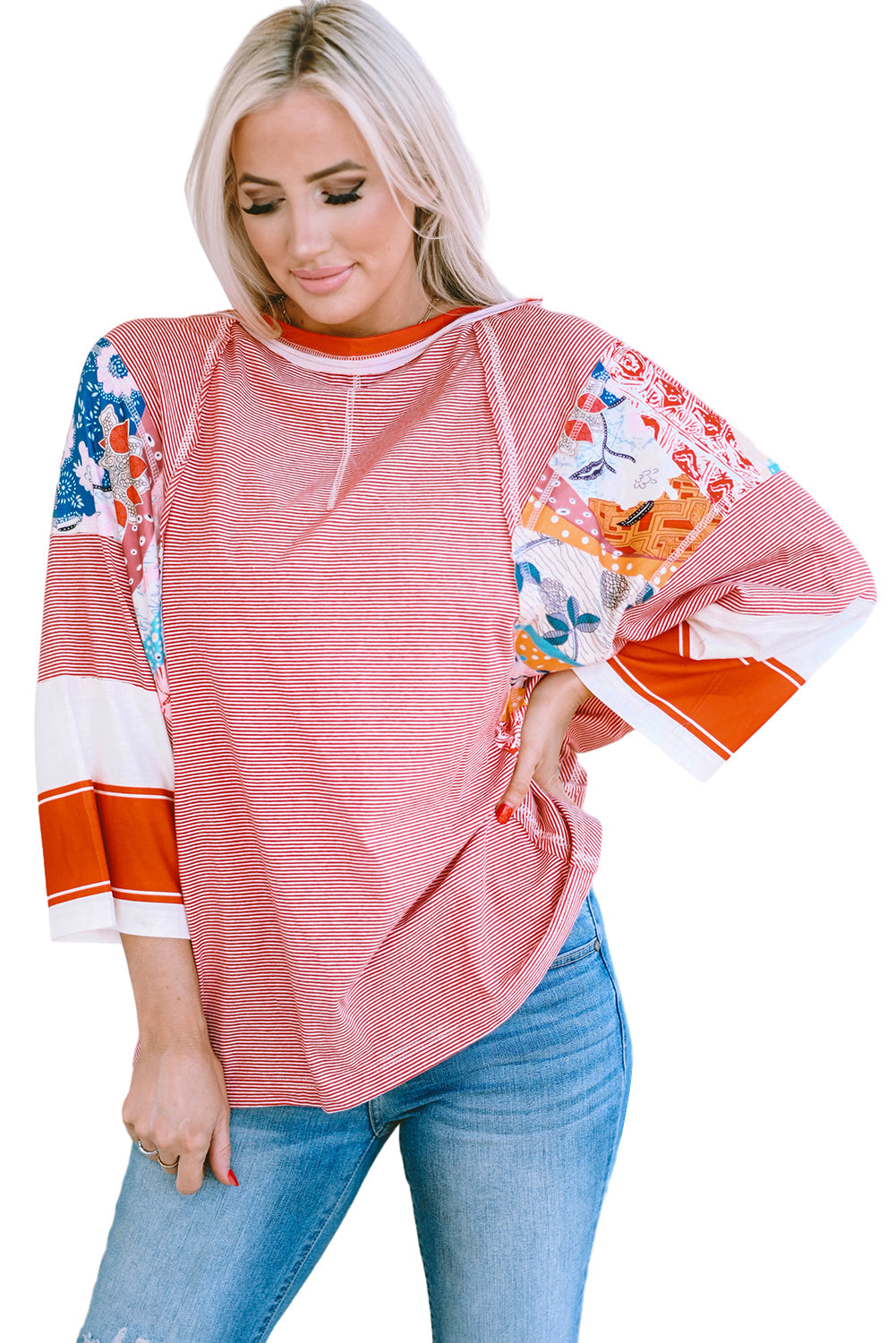Haut oversize patchwork a fines rayures et blocs de couleurs