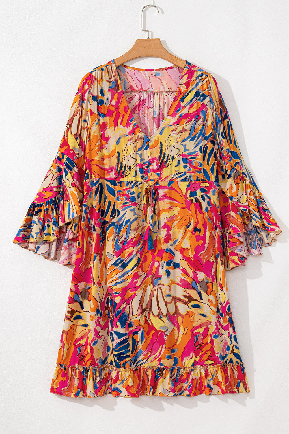 Robe tunique fluide à taille haute et manches évasées et ourlet à volants