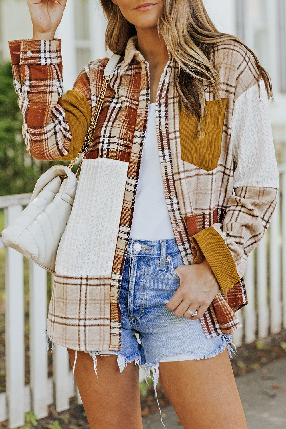 Veste chemise patchwork à carreaux orange avec poche et blocs de couleurs