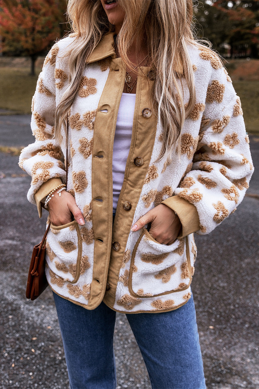 Veste polaire boutonnée a motif de fleurs mignonnes