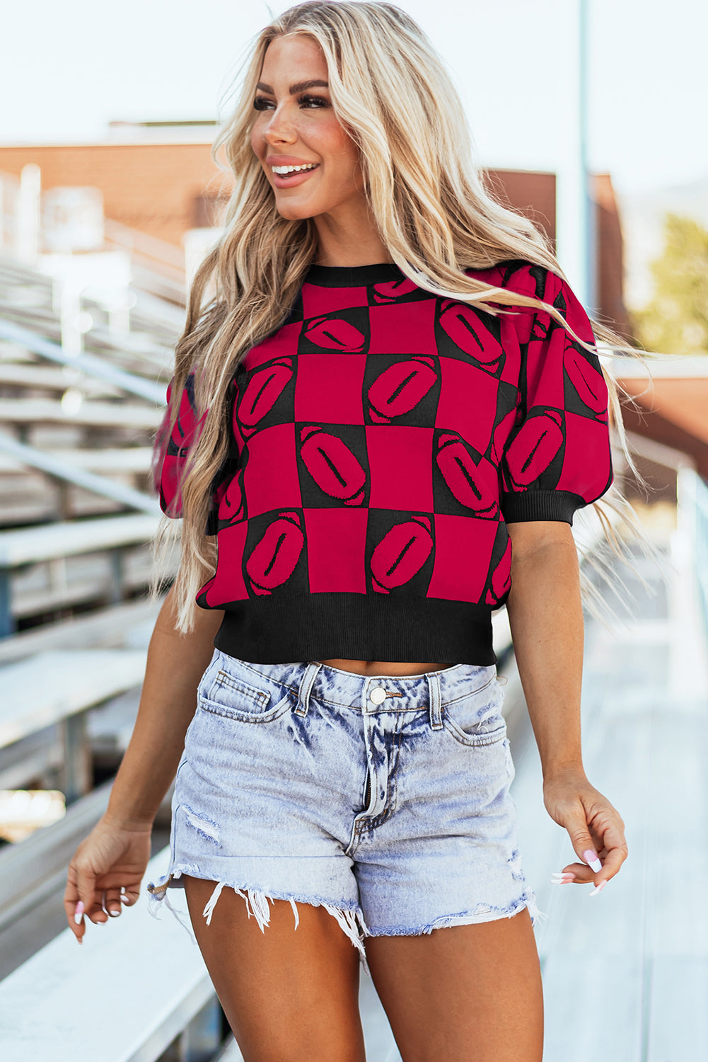 Pull a manches courtes bouffantes en blocs de couleurs a carreaux Rugby