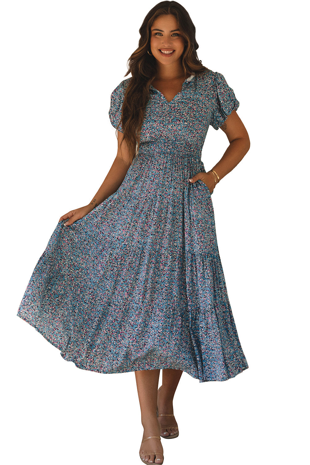 Robe longue imprimée a col en V et froncée a manches courtes bouffantes