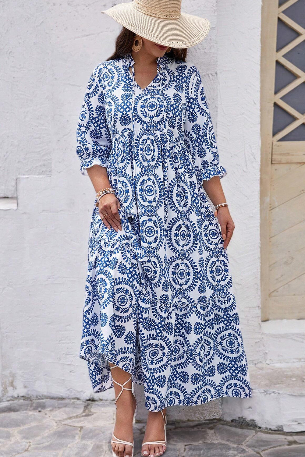 Robe longue a lacets et imprimé géométrique, col cranté, grande taille